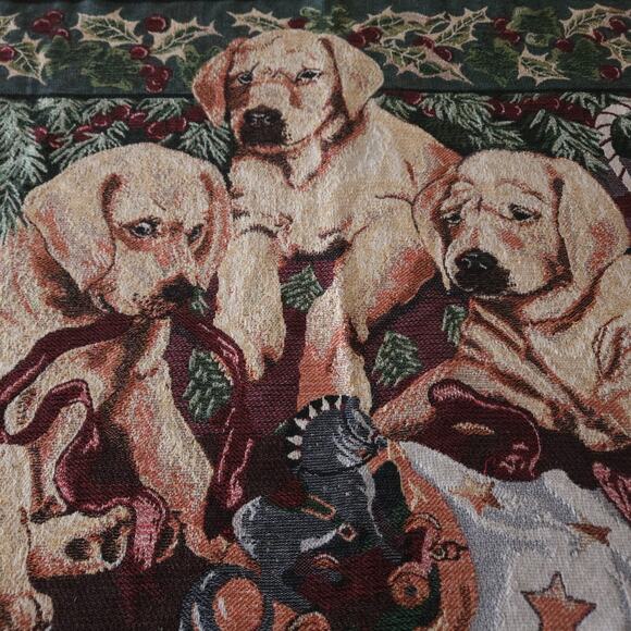 Goodwin Weavers Throw Blanket Dog Tapestry Green Christmas Cottage Vtg 44x65 USA - Picture 6 of 11